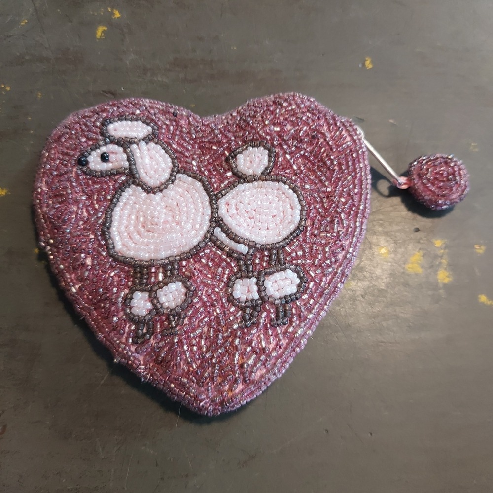 Vintage Heart Beaded Poodle Coin Purse Pink Mauve Zipper Pouch Retro Dog Design